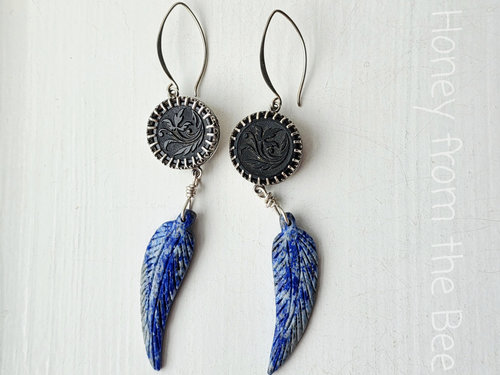 Antique button earrings with lapis lazuli feather dangles