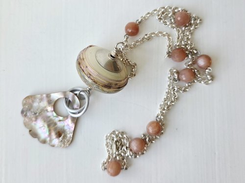 Lampwork necklace with peach moonstone and sterling silver