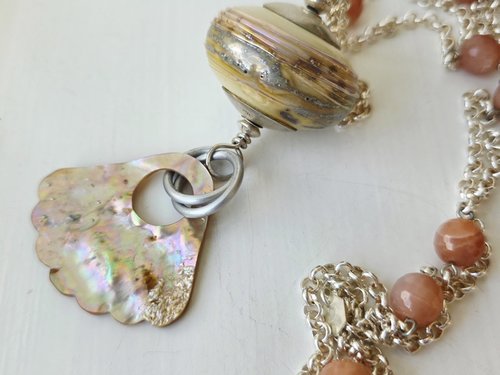 Peach Moonstone necklace with lampwork in cream and sterling silver