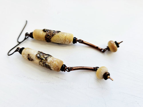 Cream and Copper earrings feature rustic lampwork and copper