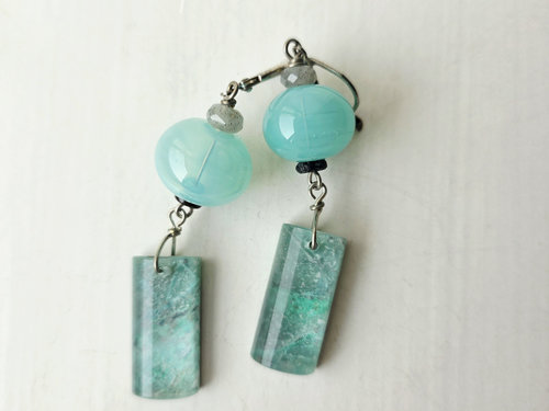 Aqua earrings feature hollow lampwork and chrysocolla
