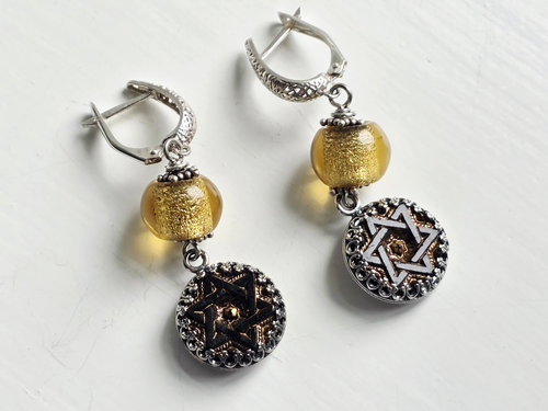 Gold and Silver earrings with antique black glass button