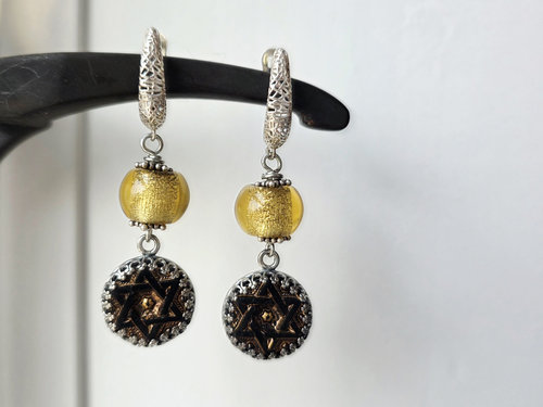 Gold Dichroic bead earrings with antique black glass button