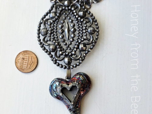 Artisan necklace in silver patina and raku heart