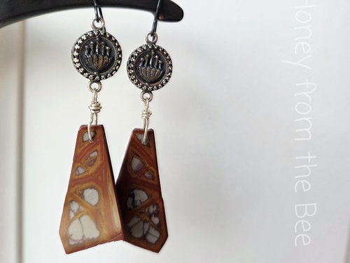 Fire Picture Jasper earrings with antique buttons