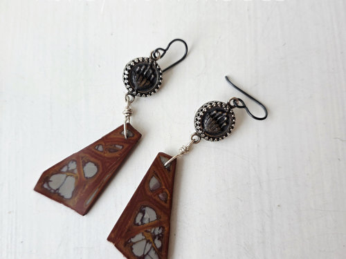 Antique button earrings with jasper dangles