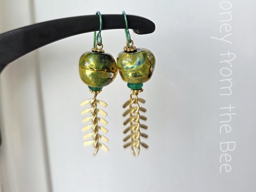 Lampwork earrings in green and gold