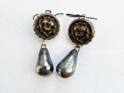 Mixed Metal look art earrings feature antique buttons and ceramic drops