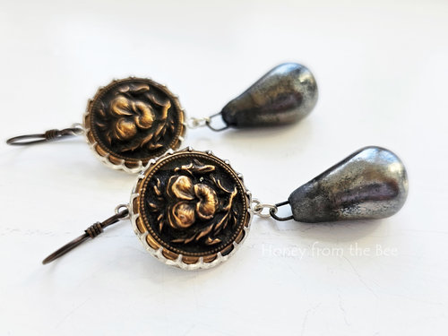 Copper Antique pansy buttons with greyish ceramic drop artisan earrings