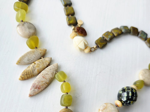 Fossilized Coral Agate necklace in green and cream