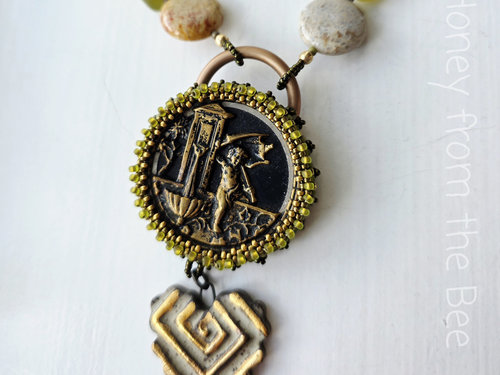 Antique button necklace with semi-precious stones