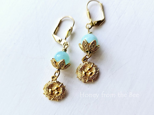 Peruvian Opal earrings with gold nest charms