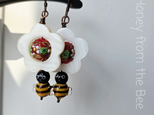 Honeybee earrings with vintage red lampwork bead