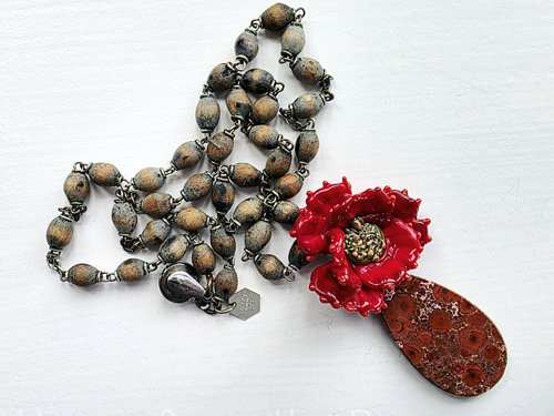 Red poppy necklace with vintage wood rosary chain