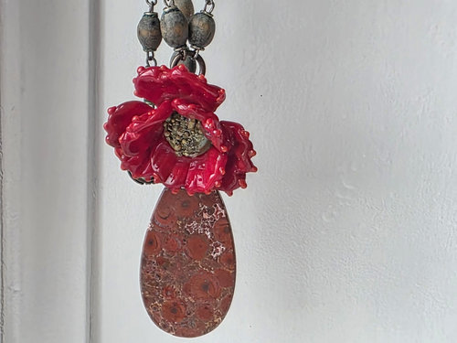 Poppy pendant with vintage rosary chain