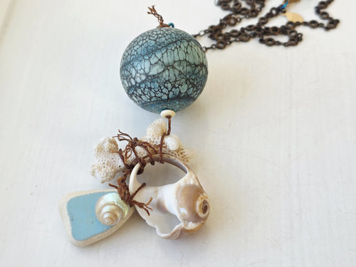 One of a kind beach pendant in aqua and white