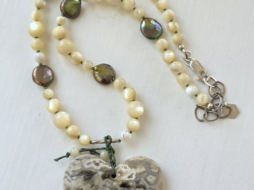Heart necklace features ocean jasper in green and cream