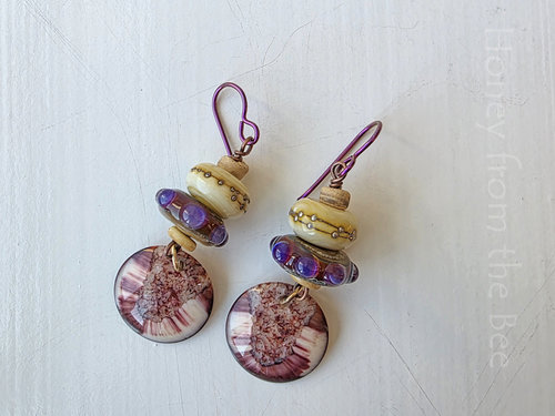 Lampwork earrings in red and cream with oyster shell dangle
