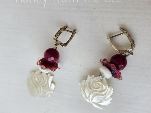 Ruby Quartz earrings with mother of pearl roses