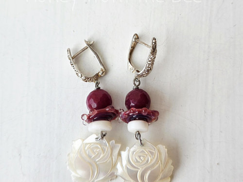 White rose earrings with Ruby quartz