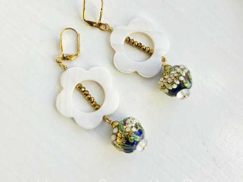 Floral lampwork earrings in navy and white