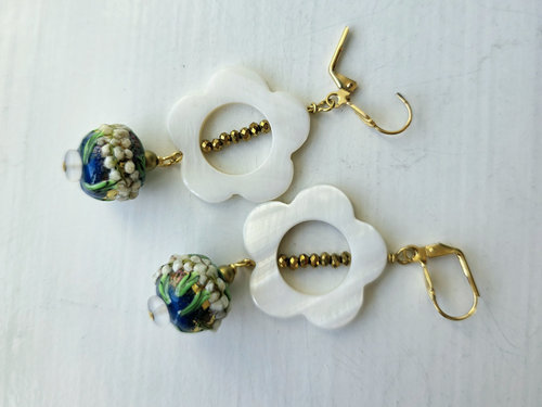 Blue and white earrings in a floral theme