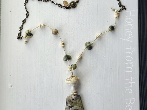 Boho style necklace features Mushroom Rhyolite and a mushroom lampwork bead