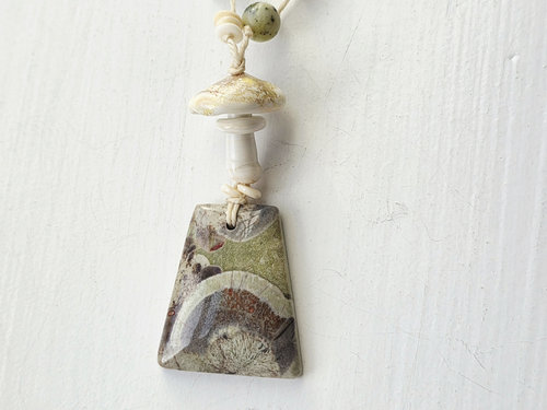 Mushroom necklace with mushroom rhyolite and mushroom lampwork in green and white