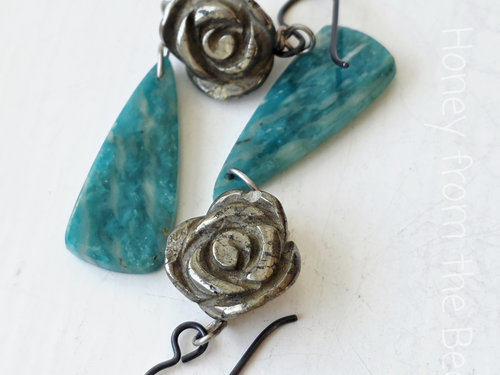 Aqua gemstone earrings with silver rose