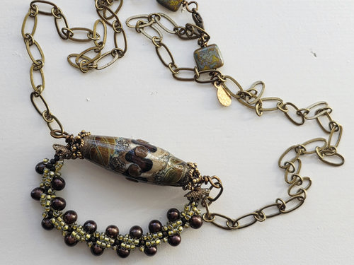 Brown pearl necklace with lampwork focal