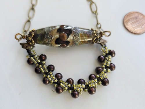 Lampwork necklace in brown with beadwoven accent
