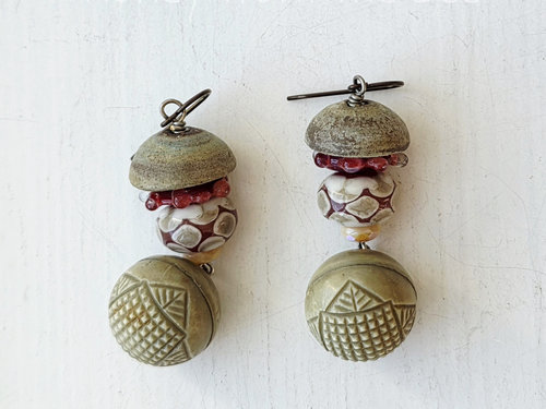 Rose and sage earrings feature lampwork and ceramic