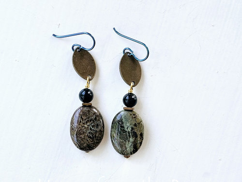 Green and darkened brass earrings feature moss agate and snakeskin jasper