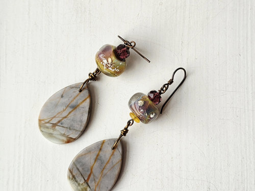 Lampwork earrings in lavender and yellow with picasso jasper dangle