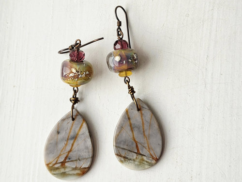 Lavender and yellow earrings feature lampwork and jasper