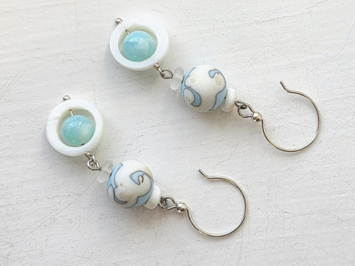 Peruvian Opal earrings with lampwork in blue and white