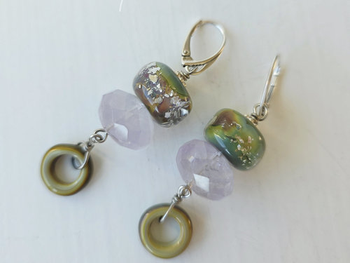 Lavender and sage earrings feature amethyst and lampwork
