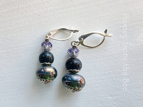 Lavender and dark teal earrings with silver accents
