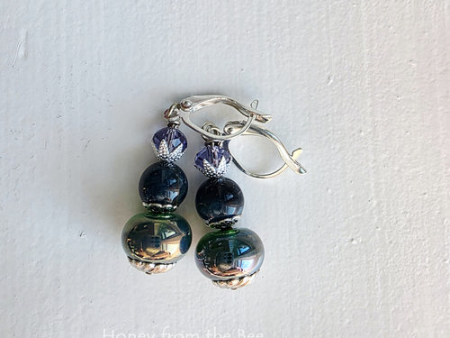 Lampwork earrings in teal with lavender crystals