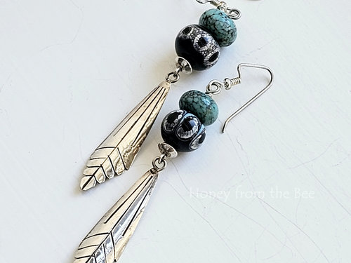 One of a kind earrings feature turquoise, lampwork and silver