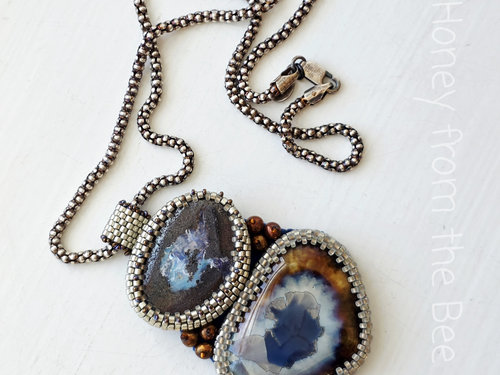 Boulder opal necklace in blue, silver and copper