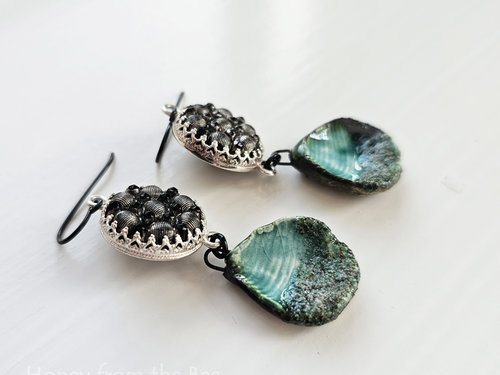 One of a kind button earrings with ceramic drops in aqua