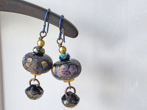 Lampwork earrings in peacock, yellow and blue