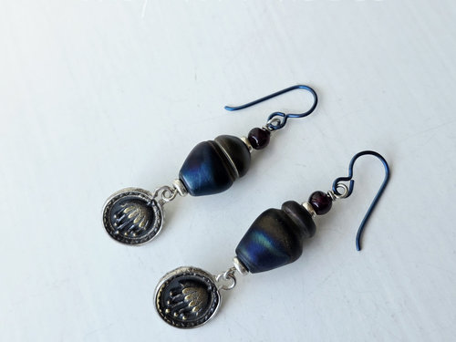 iridescent earrings in blue and red