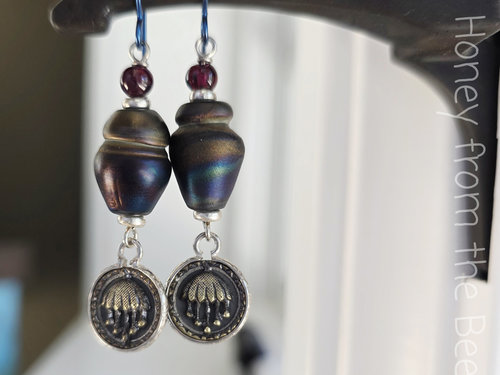 Blue and red earrings with silver and brass
