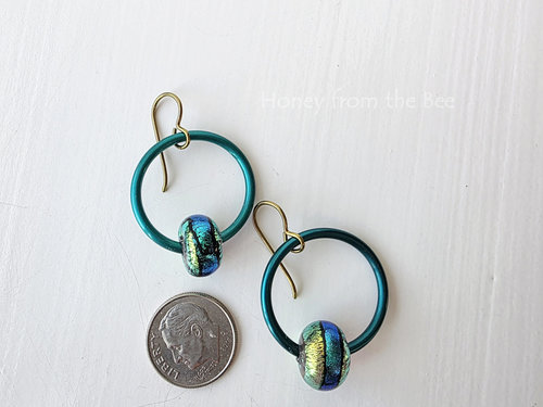 Dichroic glass earrings in teal and chartreuse