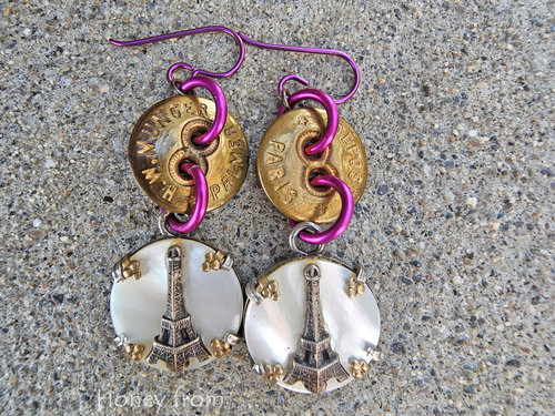 Antique brass button earrings with mother of pearl charms