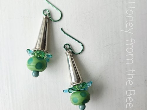 Sterling silver cone earrings with green and aqua lampwork