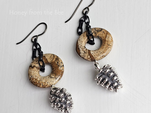 Silver pinecone earrings with picture jasper