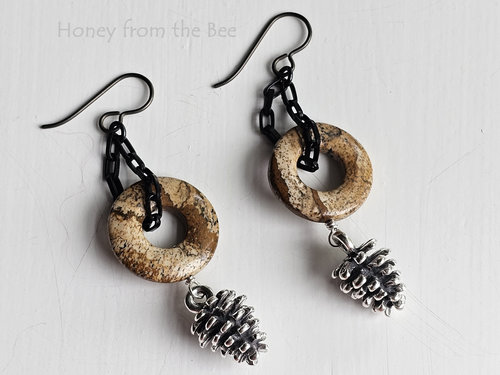 Picture Jasper earrings with dangling pinecones